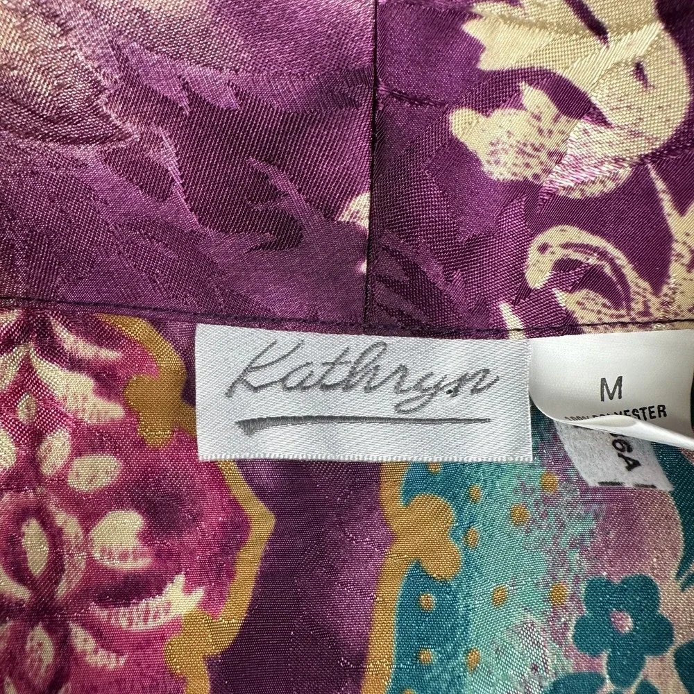 Kathryn Satin Floral Sleep Shirt Nightgown Button Green Blue Purple Size M